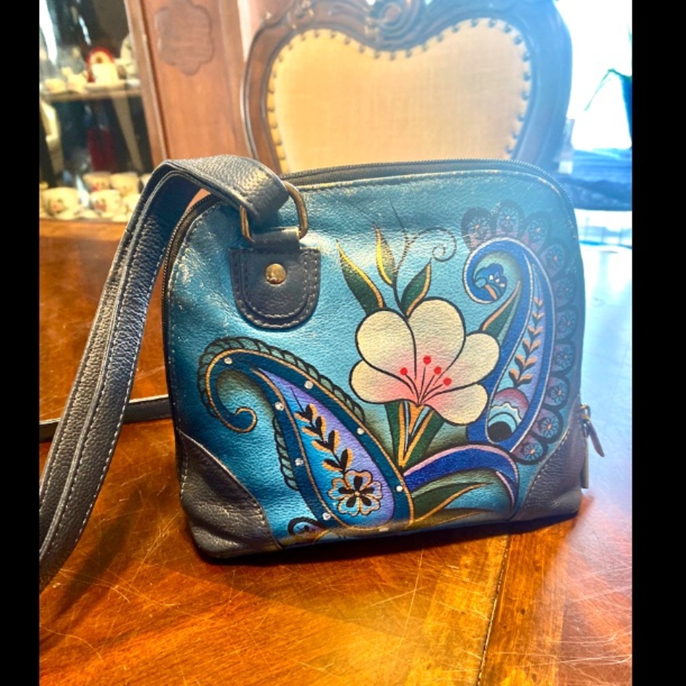 Anuschka Blue Floral Crossbody Bag